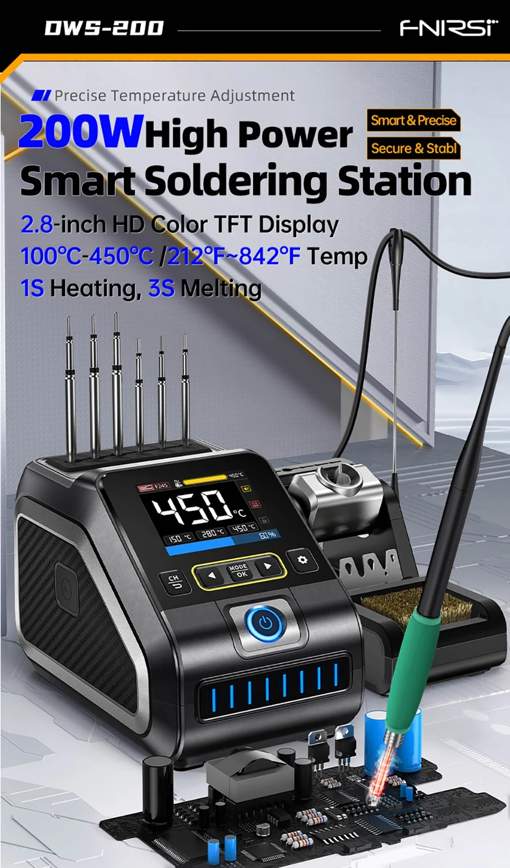 FNIRSI DWS-200 F210 Standard 200W Digital Soldering Iron Station Kit, with 1 Iron Tip and 2 Helping Hands, Temp Value & Curve Mode, 3 Temperature Storage, Full-Color Display