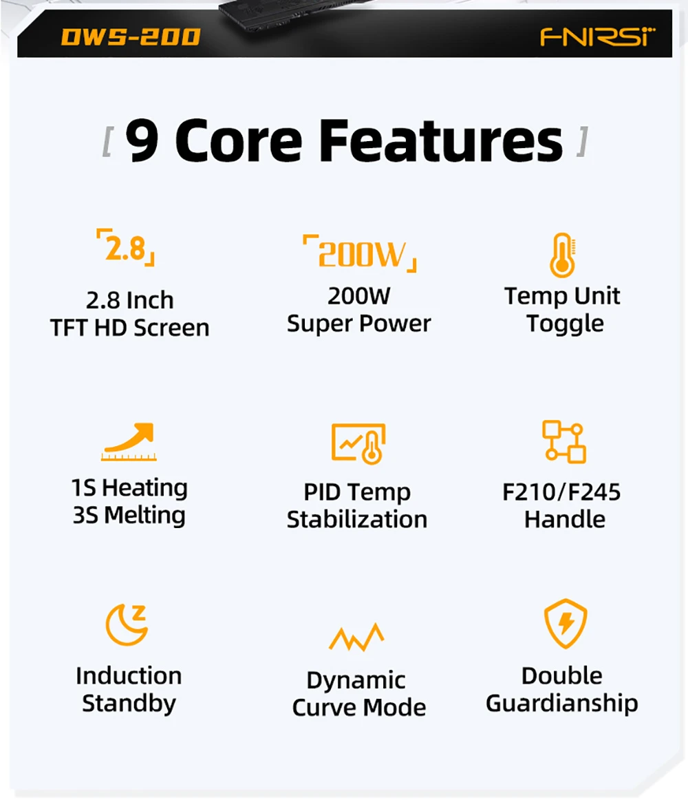 FNIRSI DWS-200 F210 Standard 200W Digital Soldering Iron Station Kit, with 1 Iron Tip and 2 Helping Hands, Temp Value & Curve Mode, 3 Temperature Storage, Full-Color Display