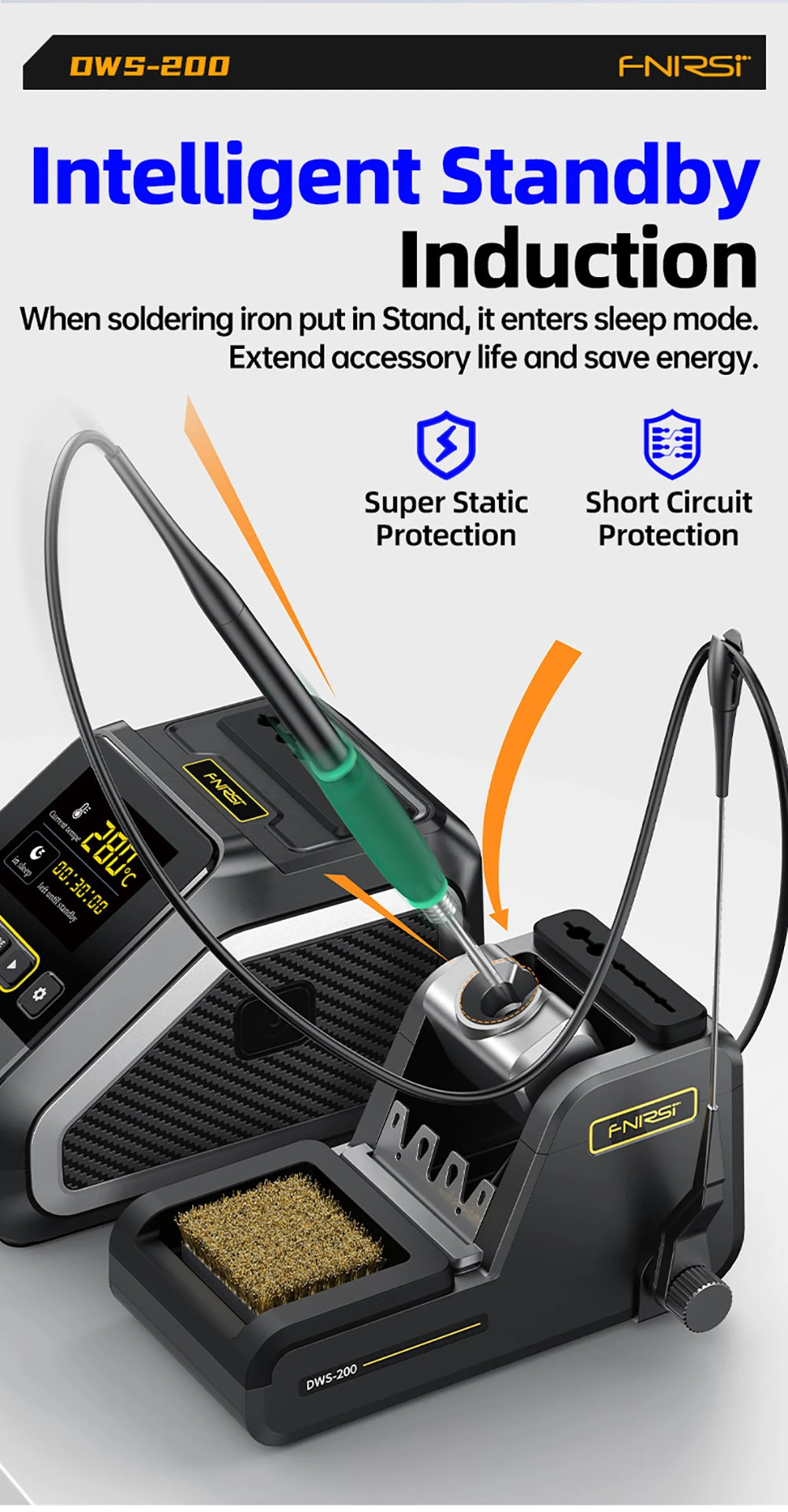 FNIRSI DWS-200 F210 Standard 200W Digital Soldering Iron Station Kit, with 1 Iron Tip and 2 Helping Hands, Temp Value & Curve Mode, 3 Temperature Storage, Full-Color Display