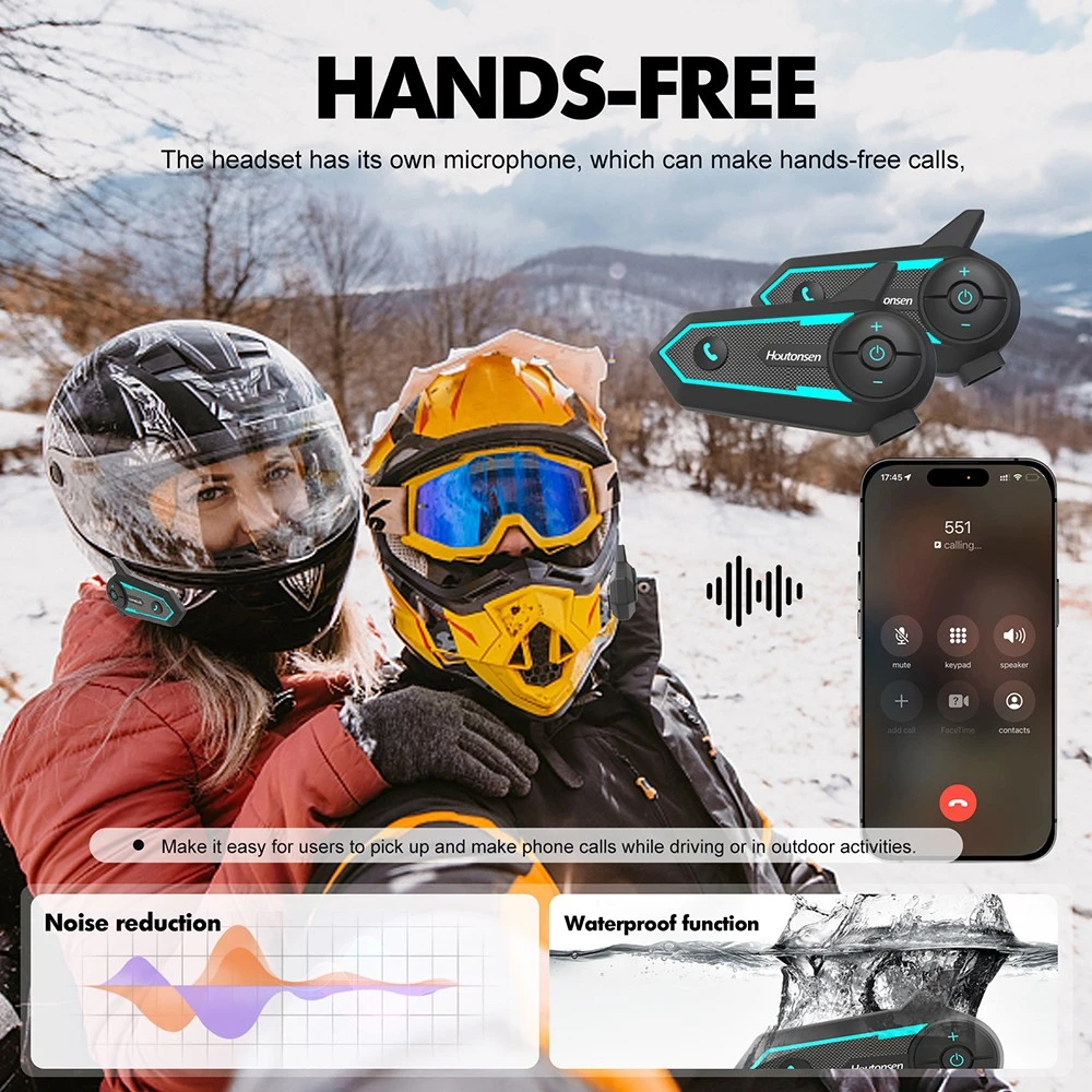 Houtonsen S6 Motorcycle Helmet Headset, 1000m Real-time Intercom Distance, Voice Navigation, Bluetooth 5.1, 30h Working Time, Type-C Interface, IP65 Waterproof - 2Pcs Pack