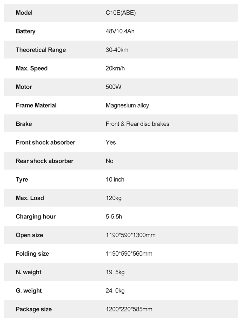 JOYOR C10E Electric Scooter, ABE Certification, 500W Motor, 48V 10.4AH Battery, 10-inch Tires, 20km/h Max Speed, 40km Range, Front & Rear Disc Brake, Front Shock Absorber