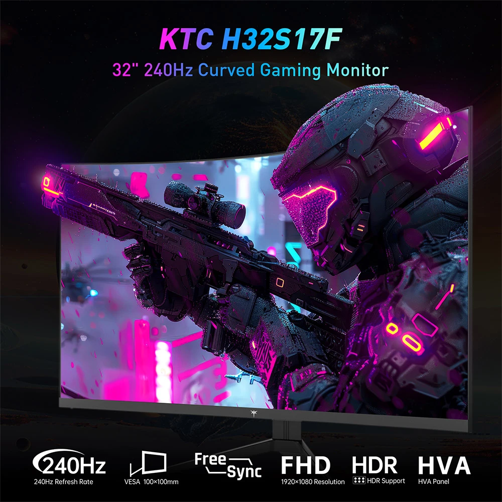 KTC H32S17F 32'' Curved Gaming Monitor, 1920*1080 HVA Panel, 240Hz Refresh Rate, 125% sRGB, 3500:1 Contrast Ratio, Adaptive Sync,   HDR10, 3ms Response Time, 2*HDMI2.0 1*DP1.4 1*USB2.0 1*Audio, VESA Mount, Adjustable Tilt, Low Blue Light