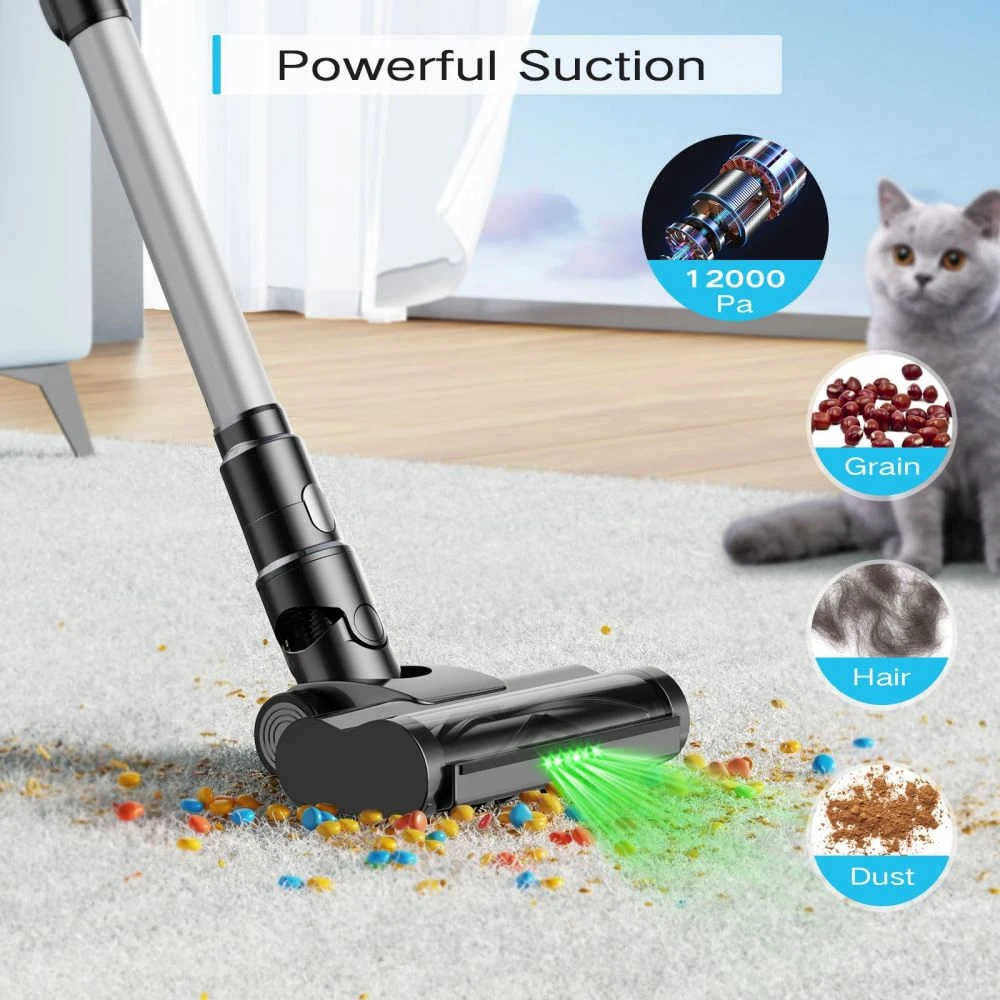 MOOSOO YC1 Cordless Vacuum Cleaner, 12kPa High Suction, Up to 40min Runtinte, LED Display, Multi-Cyclone Filtration System, 0.8L Dustbin, Flexible Swivel Head, Green Light, Ergonomic Telescopic Tube, for Hard Floor Pet Hair Carpet