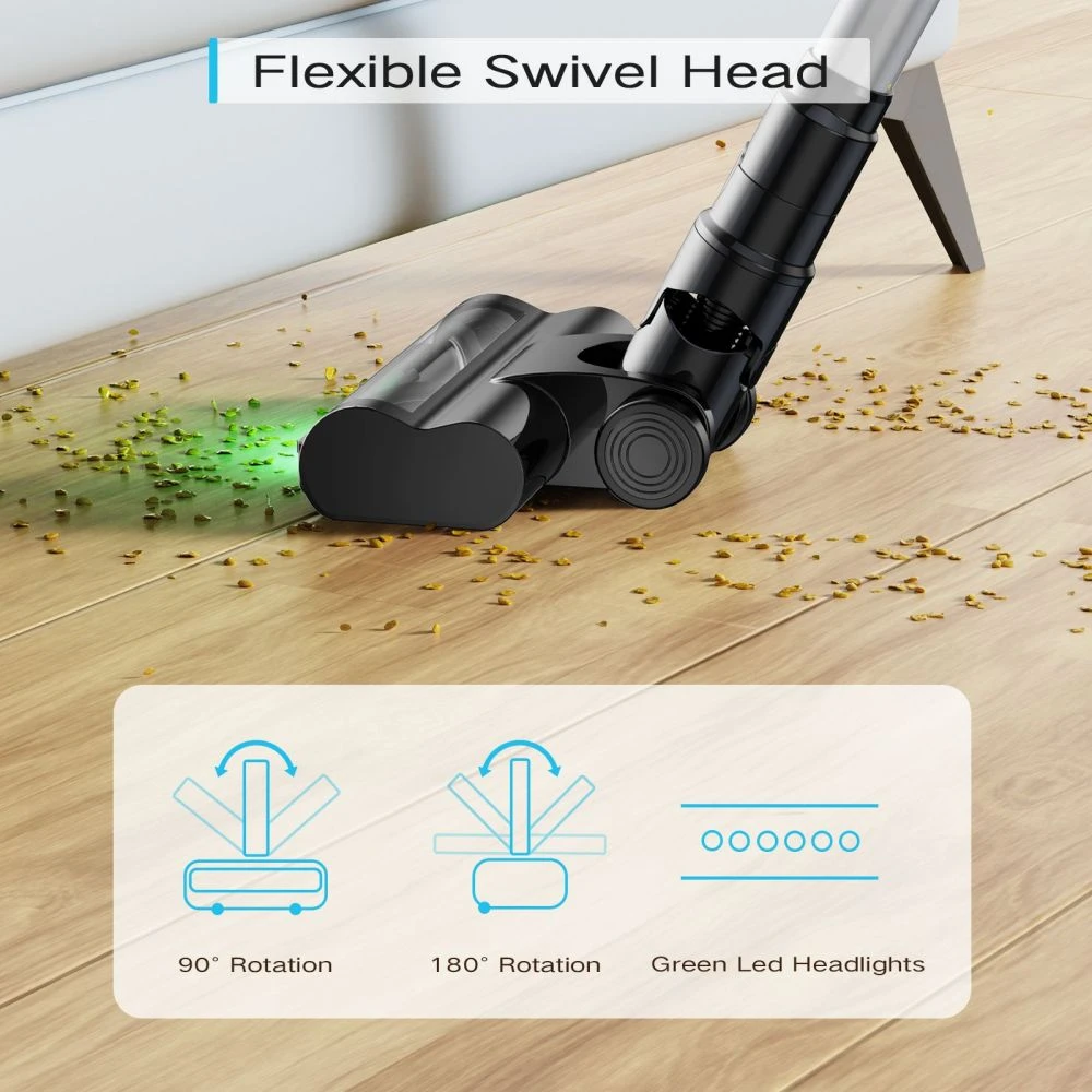 MOOSOO YC1 Cordless Vacuum Cleaner, 12kPa High Suction, Up to 40min Runtinte, LED Display, Multi-Cyclone Filtration System, 0.8L Dustbin, Flexible Swivel Head, Green Light, Ergonomic Telescopic Tube, for Hard Floor Pet Hair Carpet