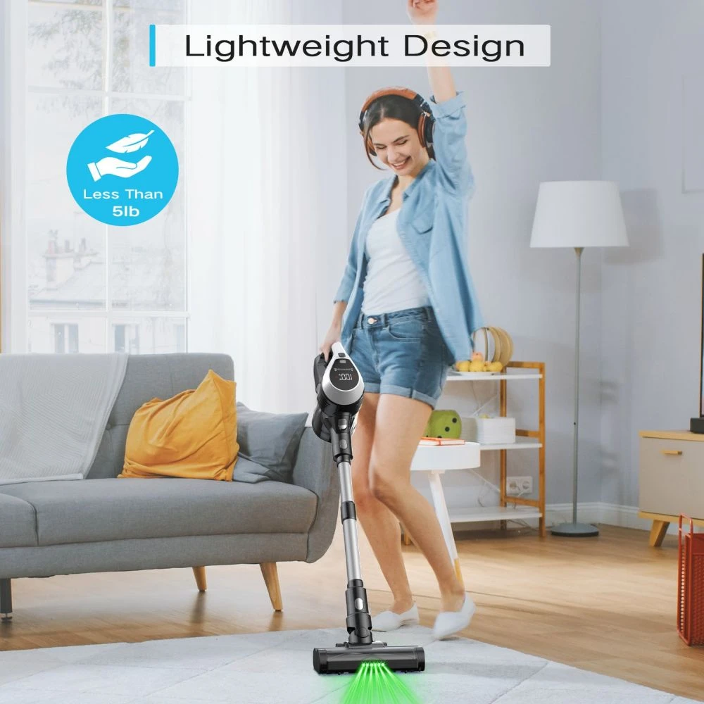 MOOSOO YC1 Cordless Vacuum Cleaner, 12kPa High Suction, Up to 40min Runtinte, LED Display, Multi-Cyclone Filtration System, 0.8L Dustbin, Flexible Swivel Head, Green Light, Ergonomic Telescopic Tube, for Hard Floor Pet Hair Carpet