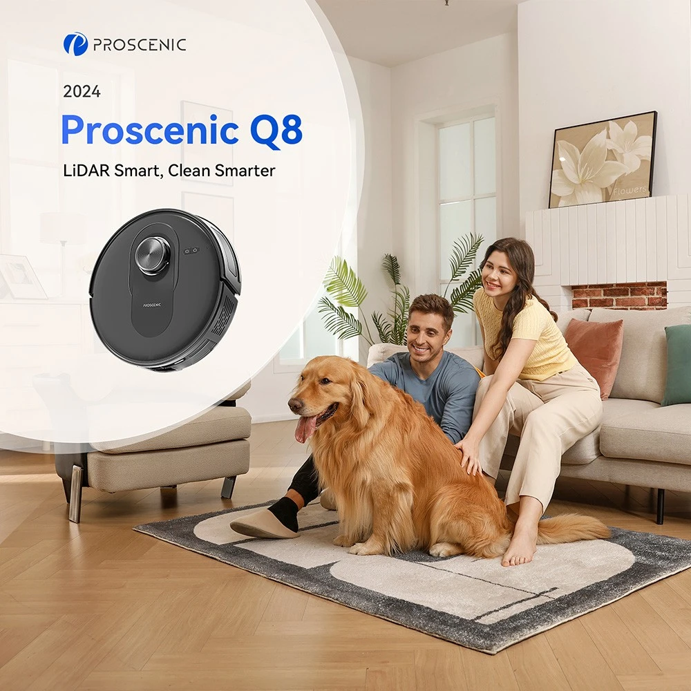 Proscenic Q8 Robot Vacuum and Mop Combo, 4200 Pa Suction, LiDAR Nav, 200min Runtime, Automatic Self-Charging, APP Control, 350ml Dustbin, 250ml Water Tank, for Indoor Floor, Pet Hair, Carpet - Black