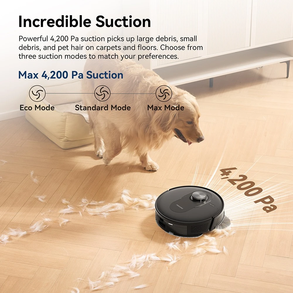 Proscenic Q8 Robot Vacuum and Mop Combo, 4200 Pa Suction, LiDAR Nav, 200min Runtime, Automatic Self-Charging, APP Control, 350ml Dustbin, 250ml Water Tank, for Indoor Floor, Pet Hair, Carpet - Black