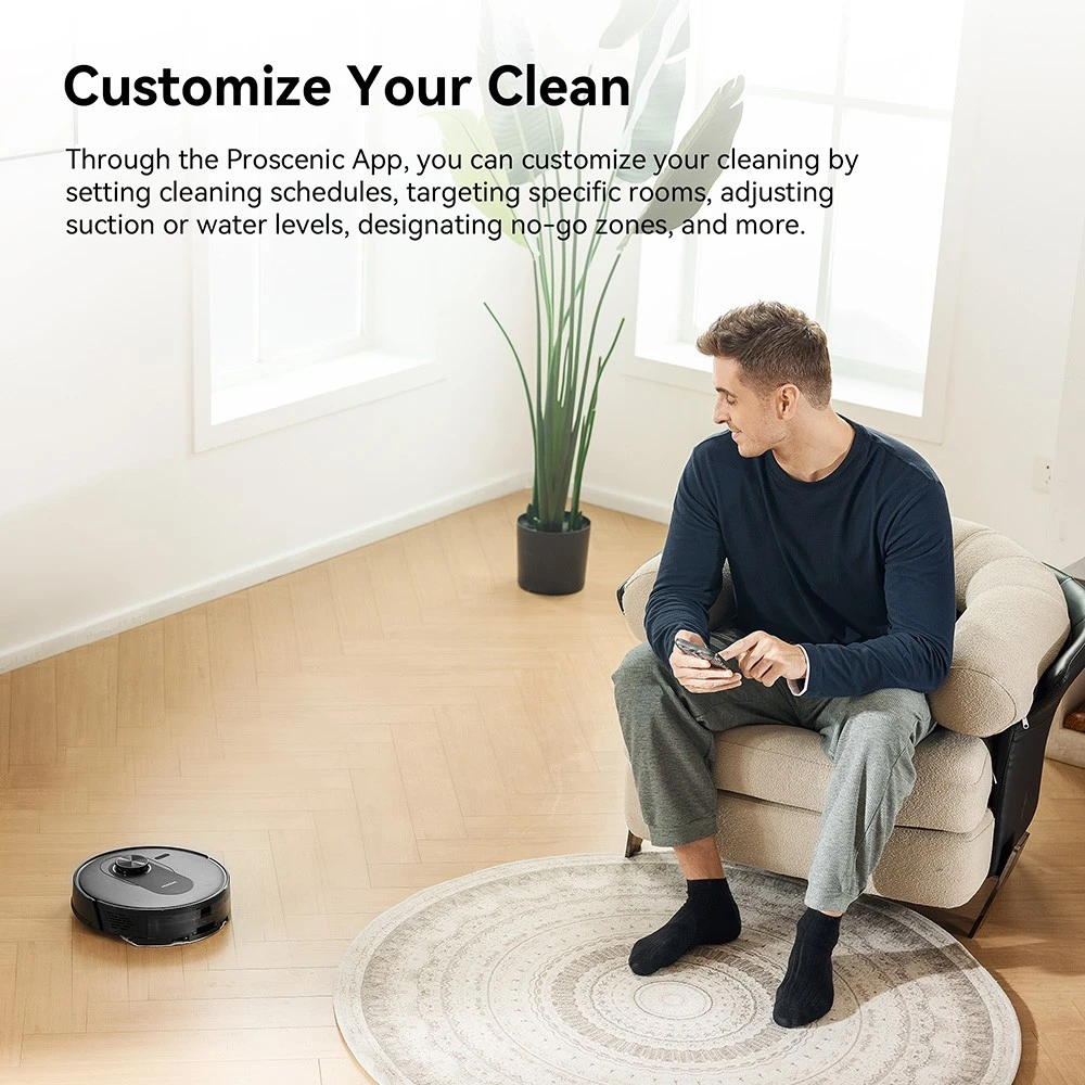 Proscenic Q8 Robot Vacuum and Mop Combo, 4200 Pa Suction, LiDAR Nav, 200min Runtime, Automatic Self-Charging, APP Control, 350ml Dustbin, 250ml Water Tank, for Indoor Floor, Pet Hair, Carpet - Black