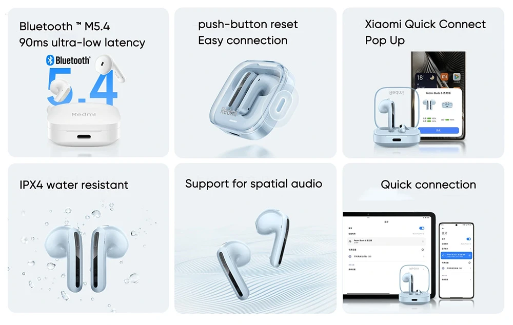 Écouteurs actifs Redmi Buds 6, Bluetooth 5.4, suppression du bruit pour les appels, 5 modes de réglage, jusqu'à 30 heures d'autonomie de la batterie - Bleu