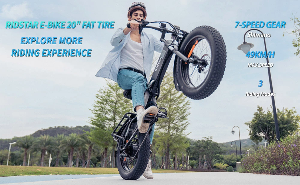 Ridstar H20 Pro Electric Bike, 1000W*2 Motor, 48V 23AH Battery, 20*4 Inch Fat Tires, 49km/h Max Speed, 112km Range, Hydraulic Disc Brake, Front and Rear Shock Absorber, Shimano 7-speed