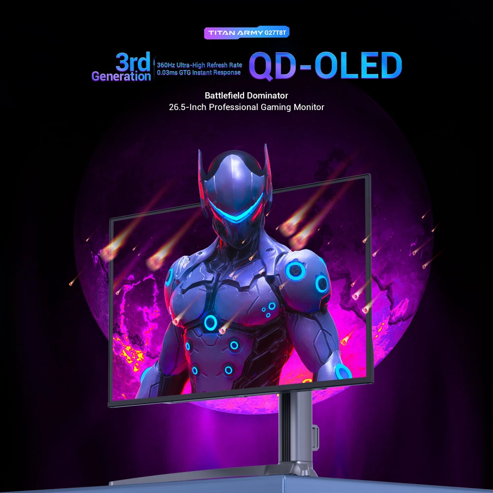 TITAN ARMY G27T8T Gaming Monitor, 26.5-inch 2560*1440 QD-OLED Screen, 360Hz Refresh Rate, 0.03ms GTG, 1000 nits, HDR 400, Adaptive-Sync, Game Assist, 65W Type-C Charging, Dual Speakers, Ambient Light, 2*HDMI 2.1 1*DP 1.4 1*USB-A 1*USB-B 1*Audio