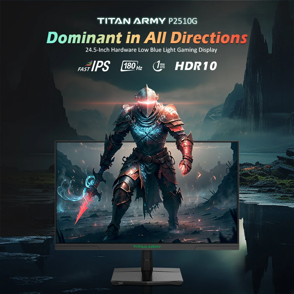 TITAN ARMY P2510G Gaming Monitor, 24.5'' 1920*1080 FAST IPS Screen, 180Hz Refresh Rate, HDR10, 99% sRGB, 1ms GTG, Adaptive Sync, Dynamic OD, Game Assist, 8 Scene Modes, Hardware Low Blue Light, Adjustable Tilt, VESA Mount, 1*HDMI2.0 1*DP1.4 1* Audio