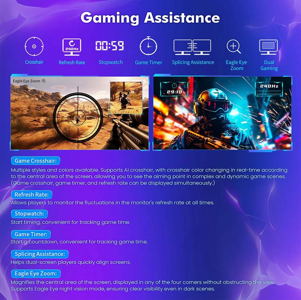 TITAN ARMY P2710S Gaming Monitor, 27-inch 2560*1440 16:9 Fast IPS LCD Screen, 240Hz Refresh Rate, 1ms GTG, HDR 400, Adaptive-Sync, Dynamic OD, Game Mode & 10 scenario Modes, PBP & PIP Split-screen Mode, Rotating Stand, Wall Mounting