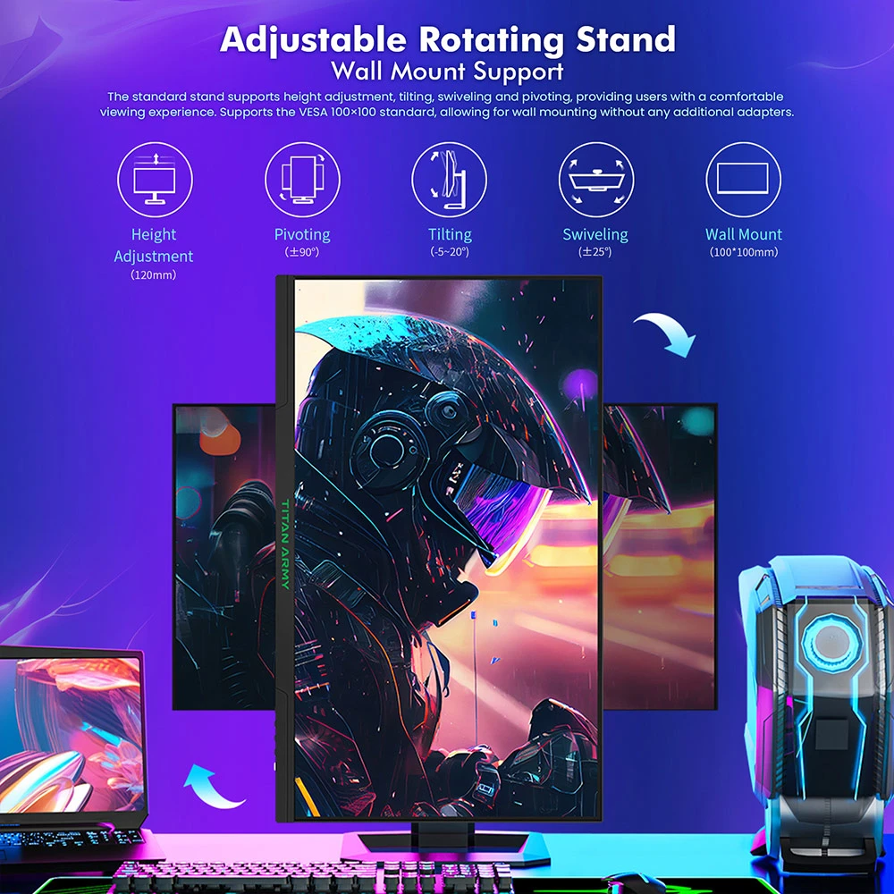 TITAN ARMY P2710S Gaming Monitor, 27-inch 2560*1440 16:9 Fast IPS LCD Screen, 240Hz Refresh Rate, 1ms GTG, HDR 400, Adaptive-Sync, Dynamic OD, Game Mode & 10 scenario Modes, PBP & PIP Split-screen Mode, Rotating Stand, Wall Mounting