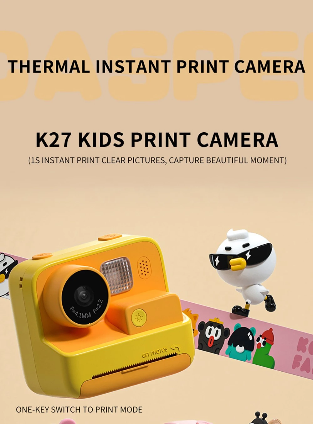 WOWKIDS K27 Kids Instant Print Camera, 48MP Front & Rear Dual Cameras, 1080P Resolution, 4 Filters, 32GB TF Card, 1400mAh Battery - Yellow