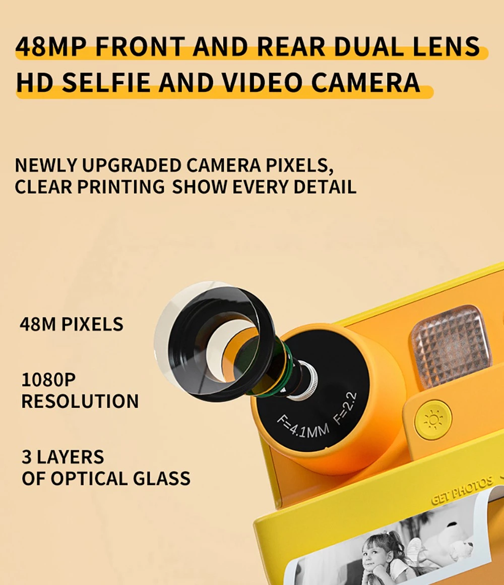 WOWKIDS K27 Kids Instant Print Camera, 48MP Front & Rear Dual Cameras, 1080P Resolution, 4 Filters, 32GB TF Card, 1400mAh Battery - Yellow