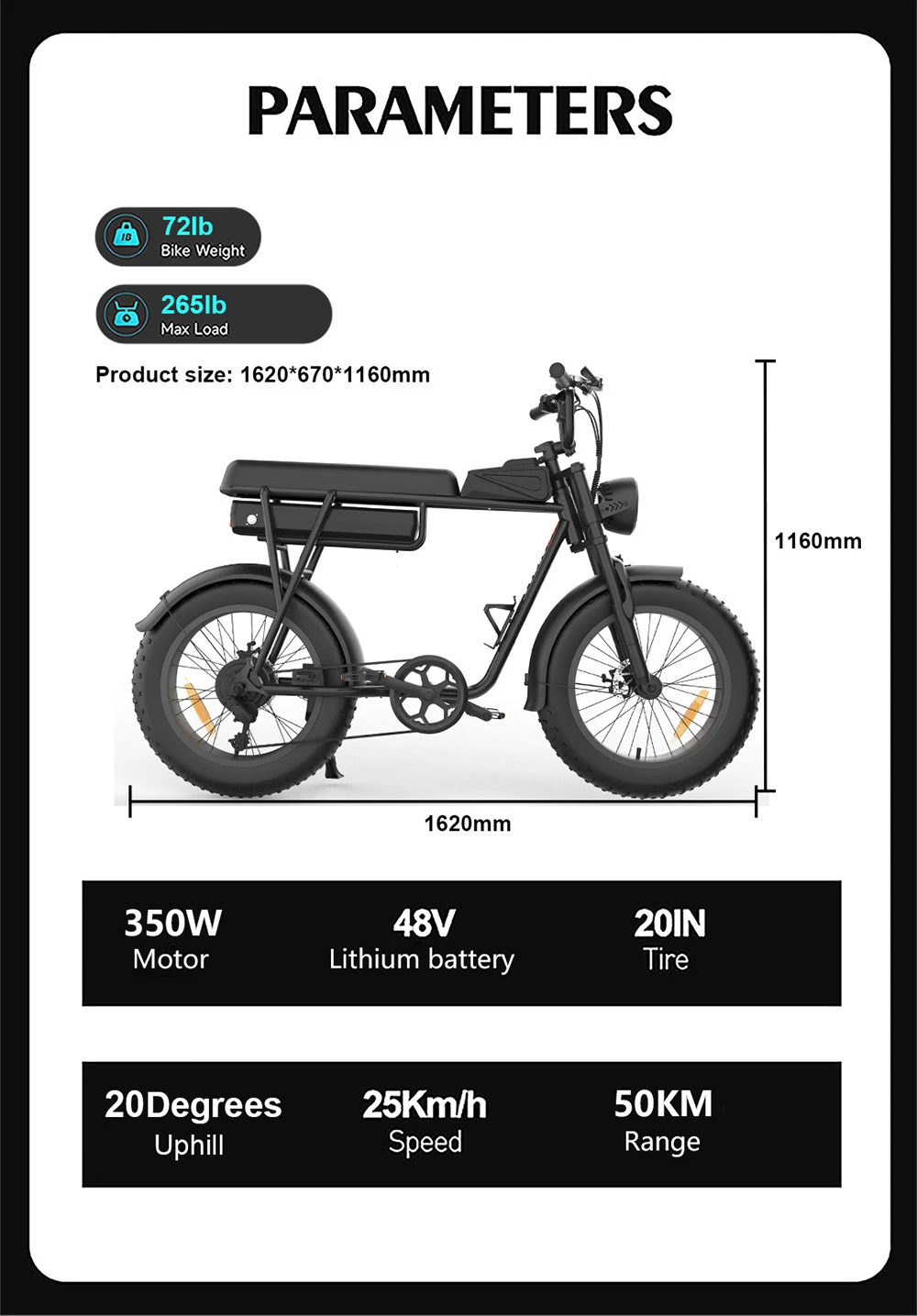 YAMALI FXH-006 Electric Bike, 350W Motor, 48V 18Ah Battery, 20*4'' Fat Tires, 40km/h Max Speed, 50km Range, Shimano 7 Speed, Front & Rear Mechanical Disc Brakes, Shimano 7 Speed, LCD Display - Black