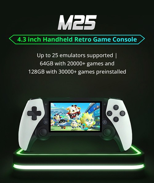 M25 Handheld Game Console, 128GB TF Card with 30000+ Games, 25 Emulators, 4.3in Screen, 3D Rocker for Arcade Games, Rockchip RK3566, 3000mAh Battery, Save/Load Games, Brightness Adjustable