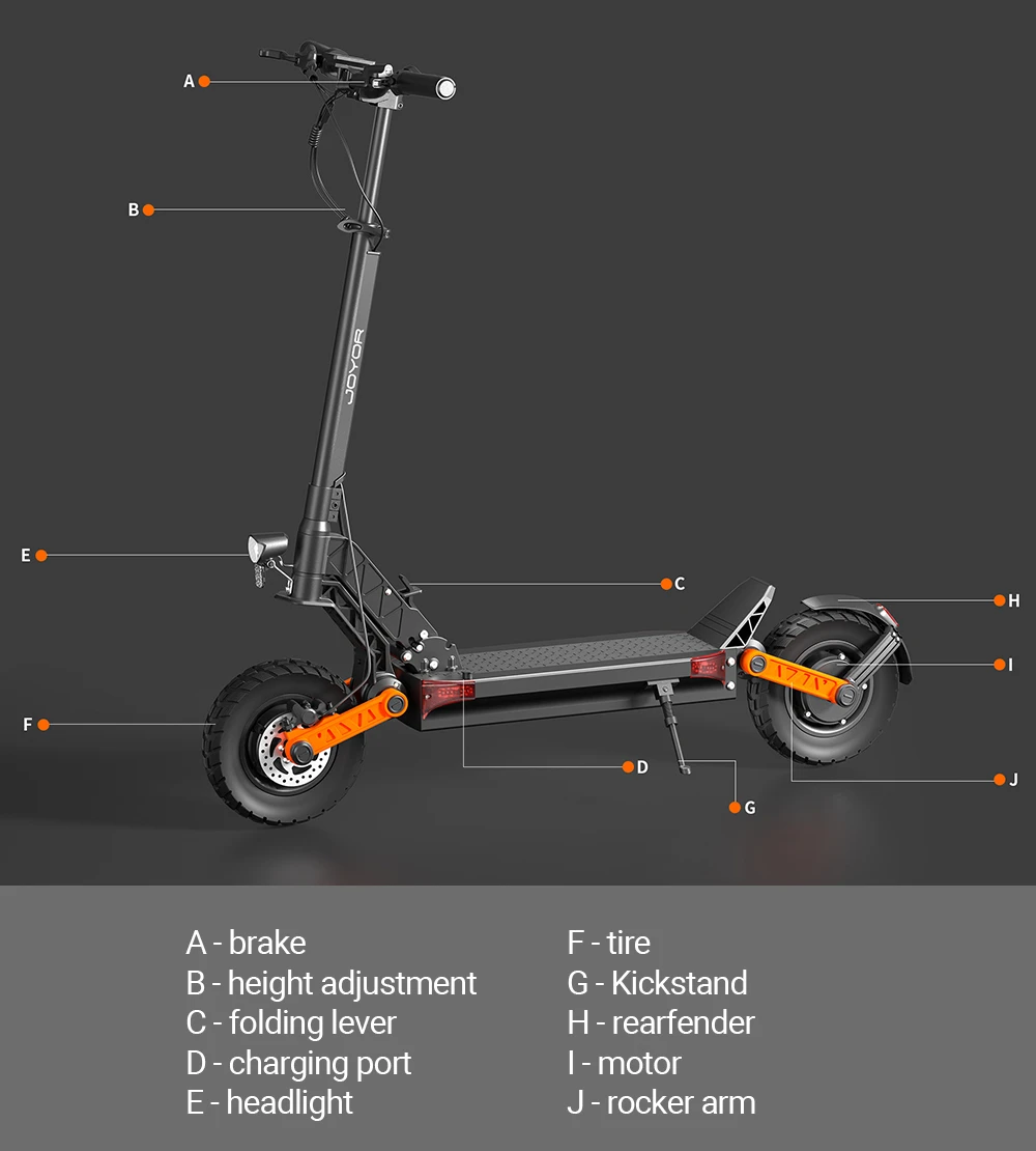 Trottinette électrique Joyor S8-SZ avec clignotants, moteur 600 W x 2, batterie 48 V 26 Ah, pneu 10 pouces, vitesse maximale 55 km/h, autonomie 75 km, doubles freins hydrauliques, amortisseurs avant et arrière, système 6 lumières