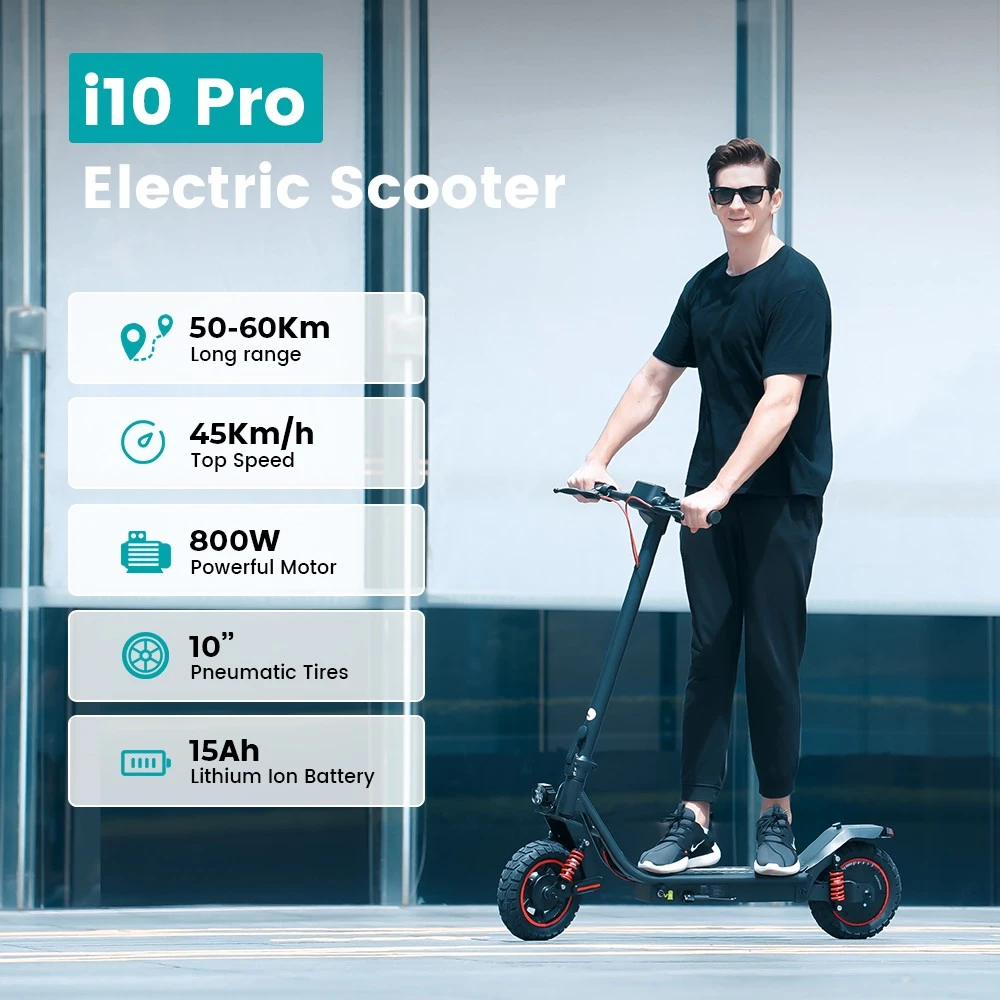 iScooter i10 Pro Electric Scooter, 800W Motor, 48V 15Ah Battery, 10-inch Tires, 45km/h Max Speed, 60km Range, Electronic Brake & Drum Brake, Front & Rear Suspension, LED Display, App Control