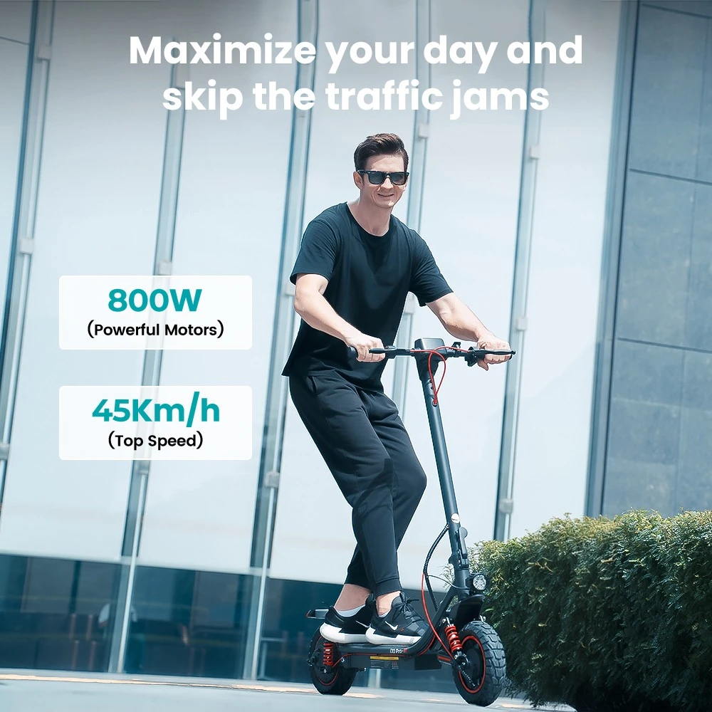 Trottinette électrique iScooter i10 Pro, moteur 800 W, batterie 48 V 15 Ah, pneus 10 pouces, vitesse maximale 45 km/h, autonomie 60 km, frein électronique et frein à tambour, suspension avant et arrière, écran LED, contrôle par application