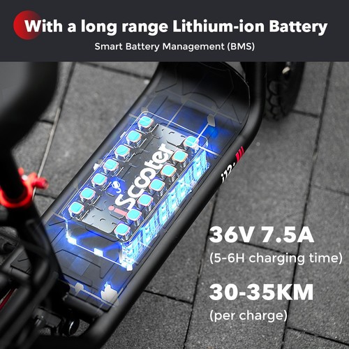 iScooter i12 Elektroroller mit Sitz und hinterem Korb, 500-W-Motor, 36-V-7,5-Ah-Akku, 12-Zoll-Luftreifen, 25 km/h Höchstgeschwindigkeit, 35 km maximale Reichweite, Doppelscheibenbremsen, doppelte Stoßdämpfung