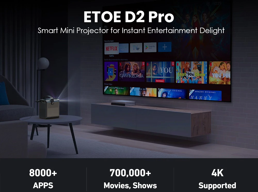 ETOE D2 Pro Projector, 200 ANSI, Android TV 11.0, Native 1080P, Keystone Correction - US Plug