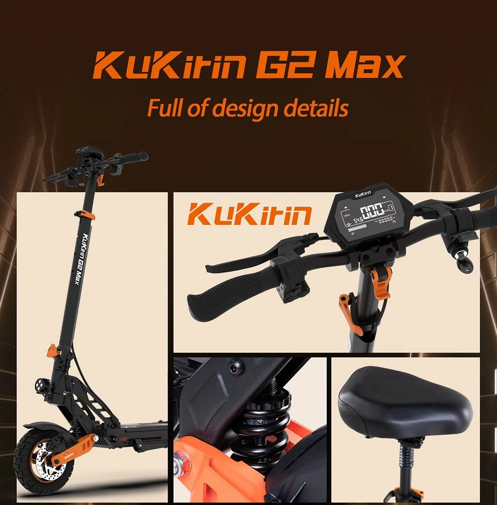 Trottinette électrique KuKirin G2 Max Pneus tout-terrain de 10 pouces Moteur 1000 W Vitesse maximale de 55 km/h Batterie 48 V 20 Ah Autonomie de 80 km Charge maximale de 120 kg Siège amovible Hauteur réglable