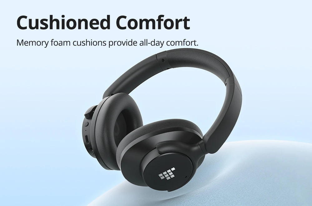 Tronsmart Sounfii Q20 ANC Bluetooth Headphones, 50 Hours Autonomy, 90° Swiveling Earpads, Pair with 2 Devices, Tronsmart App Control, Built-in Mic for Clear Calls, Active Noise Cancellation - Black