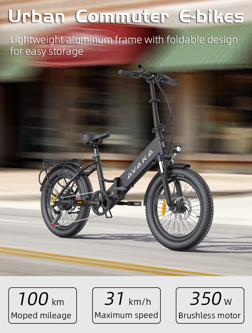 AVAKA K300 Folding Electric Bike, 350W Motor, 36V 16Ah Battery, 20*3.0 inch Tires, 31km/h Max Speed, 100km Range, Front & Rear Disc Brakes, LCD Display, SHIMANO 7-speed - Black