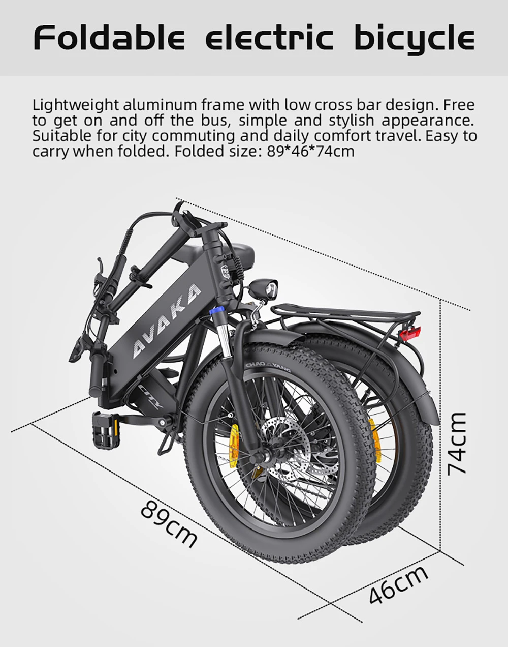 AVAKA K300 Folding Electric Bike, 350W Motor, 36V 16Ah Battery, 20*3.0 inch Tires, 31km/h Max Speed, 100km Range, Front & Rear Disc Brakes, LCD Display, SHIMANO 7-speed - Black