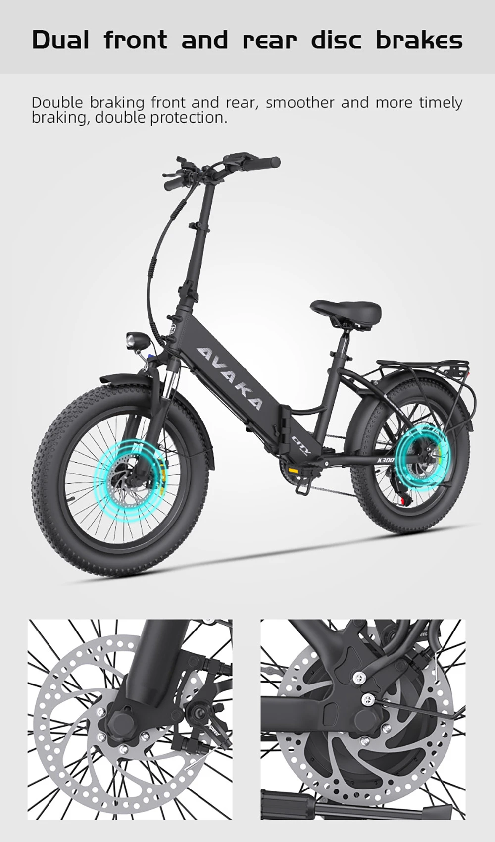 AVAKA K300 Folding Electric Bike, 350W Motor, 36V 16Ah Battery, 20*3.0 inch Tires, 31km/h Max Speed, 100km Range, Front & Rear Disc Brakes, LCD Display, SHIMANO 7-speed - Black