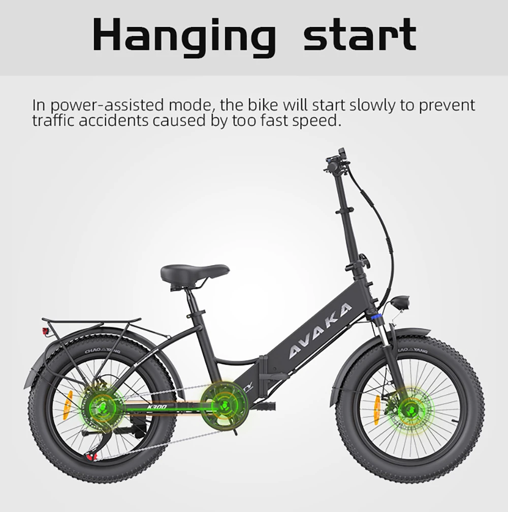 AVAKA K300 Folding Electric Bike, 350W Motor, 36V 16Ah Battery, 20*3.0 inch Tires, 31km/h Max Speed, 100km Range, Front & Rear Disc Brakes, LCD Display, SHIMANO 7-speed - Black