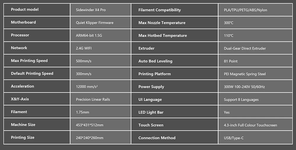 Artillery Sidewinder X4 Pro 3D Printer, 240*240*260mm, 500mm/s Printing Speed, X Y-axis Linear Rail, Direct Drive Extruder, 81 Points Auto Levelling, Double Pull Rod, Auto Cleaning Nozzle