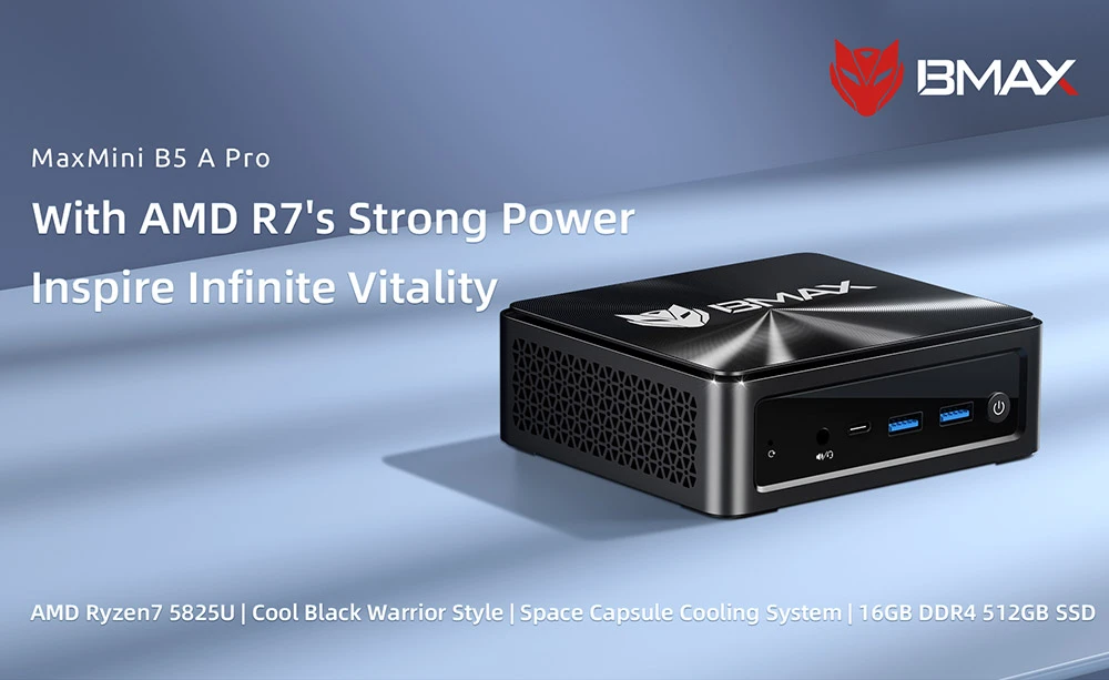 BMAX B5 A Pro Mini PC, AMD Ryzen 7 5825U 8 Cores Max 4.5GHz, 16GB RAM 512GB SSD, DP+HDMI+Type-C 4K Triple Display, Support Dynamic HDR, WiFi 5 Bluetooth 5.0, 2*USB 3.2 2*USB 2.0 1*RJ45 1*3.5mm Headset Jack, Space Capsule Cooling System - EU Plug