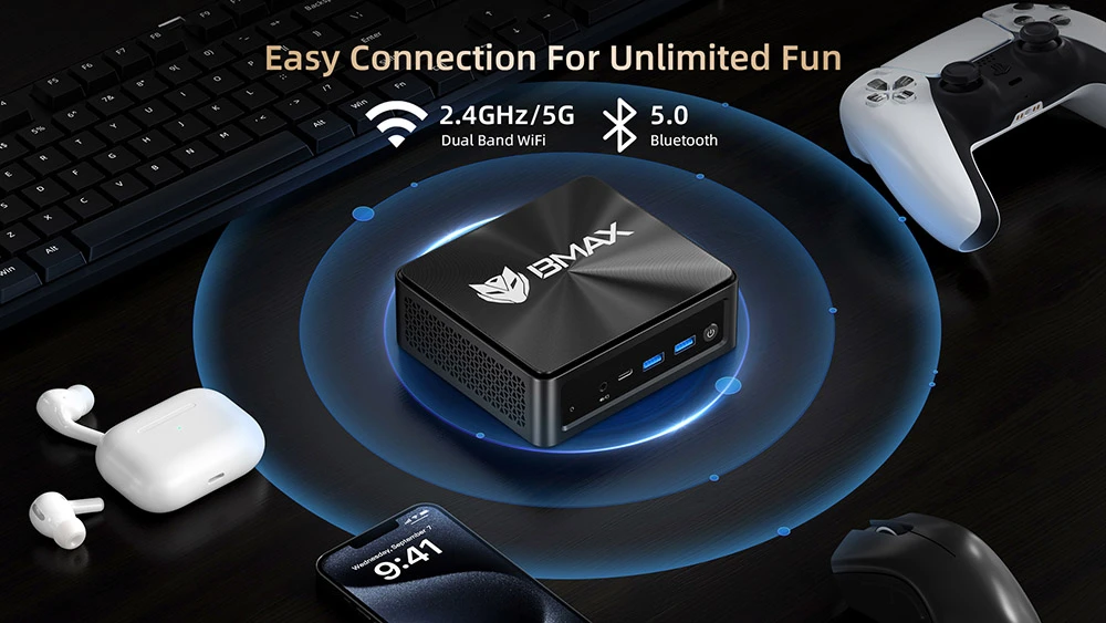 BMAX B5 A Pro Mini PC, AMD Ryzen 7 5825U 8 Cores Max 4.5GHz, 16GB RAM 512GB SSD, DP+HDMI+Type-C 4K Triple Display, Support Dynamic HDR, WiFi 5 Bluetooth 5.0, 2*USB 3.2 2*USB 2.0 1*RJ45 1*3.5mm Headset Jack, Space Capsule Cooling System - EU Plug