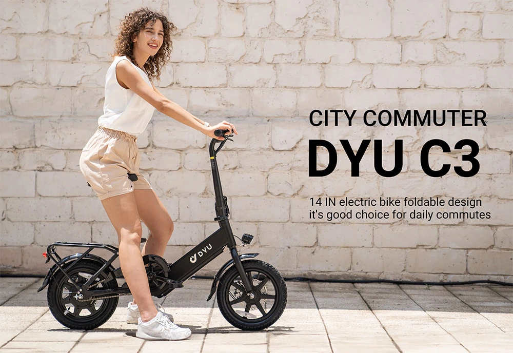 DYU C3 Folding Electric Bike, 250W Motor, 36V 7.5AH Battery, 14 Inch Tires, 25km/h Max Speed, 37km Range, Front & Rear Disc Brakes