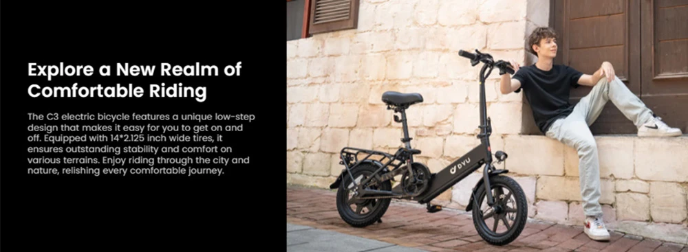 DYU C3 Folding Electric Bike, 250W Motor, 36V 7.5AH Battery, 14 Inch Tires, 25km/h Max Speed, 37km Range, Front & Rear Disc Brakes