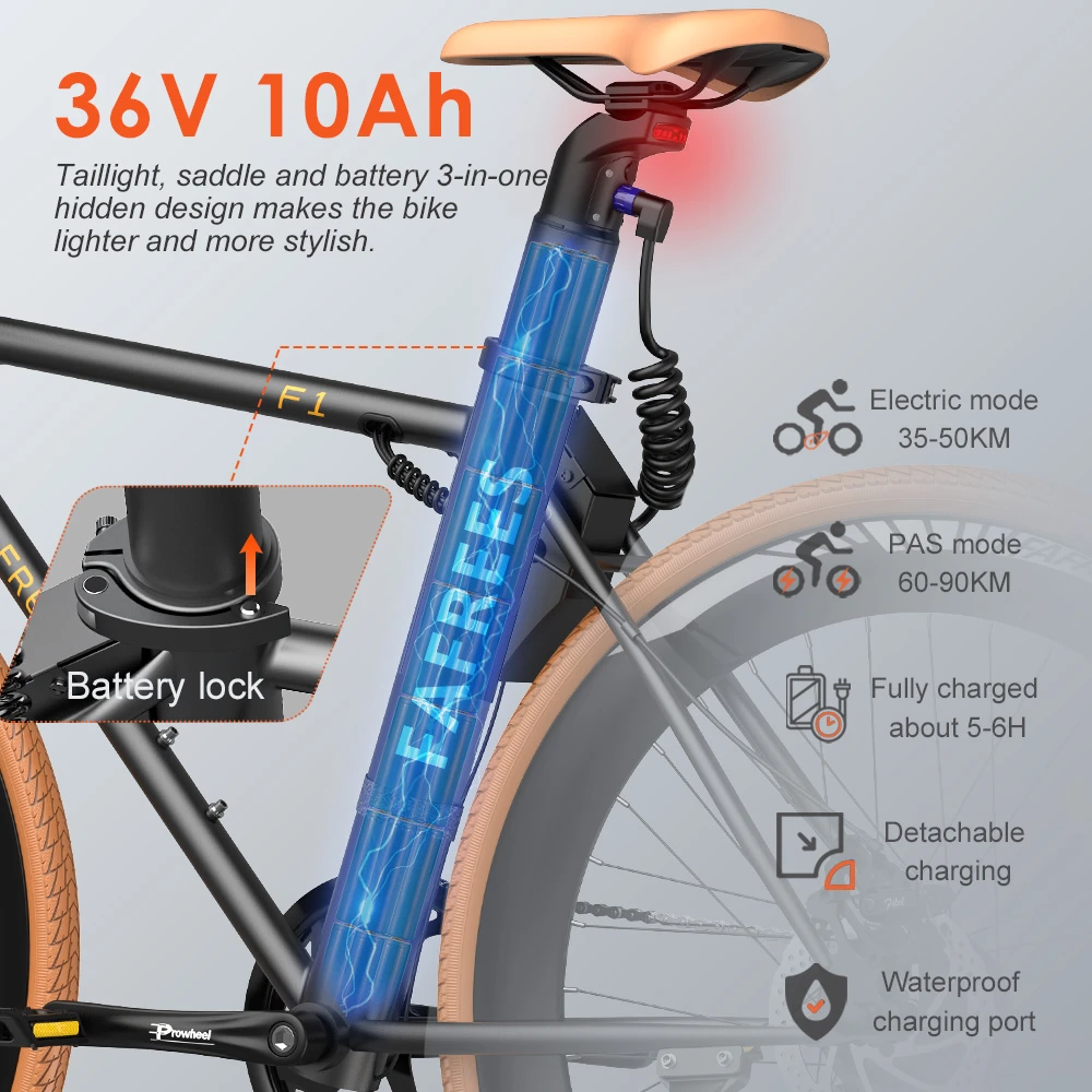 Fafrees F1 Electric Bike, 250W Motor, 36V 10AH Battery, CST 700C*38C Tires, 25km/h Max Speed, 90km Max Range, Dual Mechanical Disc Brakes - Orange White