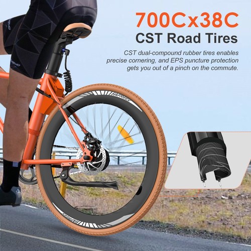 Fafrees F1 elektrijalgratas, 250W mootor, 36V 10AH aku, CST 700C*38C rehvid, max kiirus 25 km/h, max vahemaa 90 km, topelt mehaanilised ketaspidurid - oranž valge
