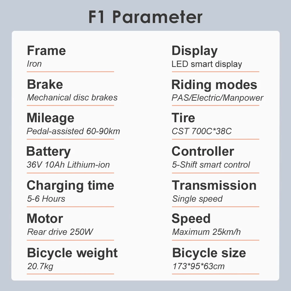 Fafrees F1 Electric Bike, 250W Motor, 36V 10AH Battery, CST 700C*38C Tires, 25km/h Max Speed, 90km Max Range, Dual Mechanical Disc Brakes - Orange White