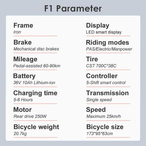 Fafrees F1 elektrijalgratas, 250W mootor, 36V 10AH aku, CST 700C*38C rehvid, max kiirus 25 km/h, max vahemaa 90 km, topelt mehaanilised ketaspidurid - oranž valge
