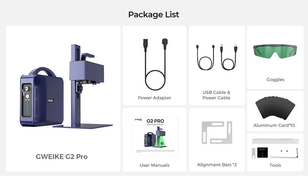 Gweike Cloud G2 Pro 20W Fiber Laser Marking Machine, 10000mm/s Speed, 0.001mm Accuracy, 150mm*150mm, 1.5mm Max. Depth on Metal, 30+ Colors Engraving, GWEIKE Glaser/ LightBurn, Supports Rotary Roller, Electric Lift