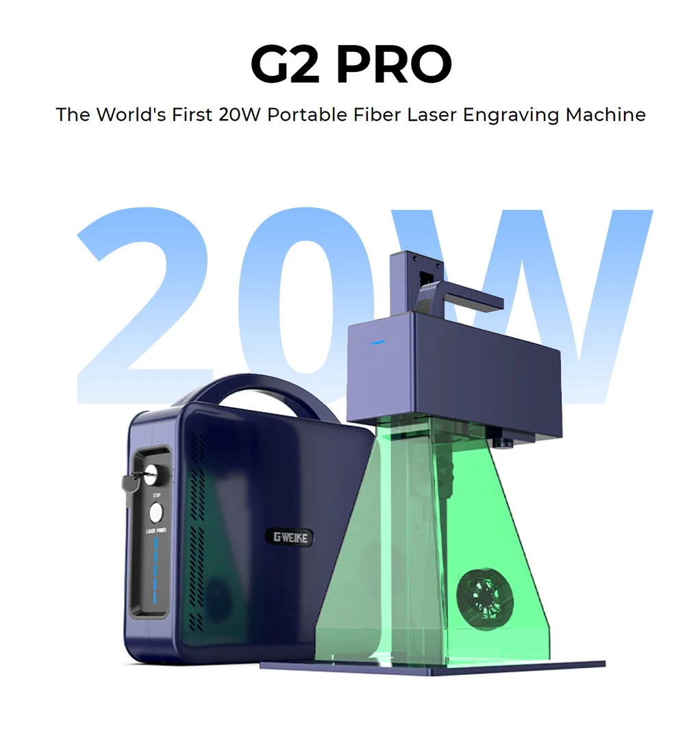 Gweike Cloud G2 Pro 20W Fiber Laser Marking Machine, 10000mm/s Speed, 0.001mm Accuracy, 110mm*110mm, 1.5mm Max. Depth on Metal, 30+ Colors Engraving, GWEIKE Glaser/ LightBurn, Supports Rotary Roller, Manual Lift