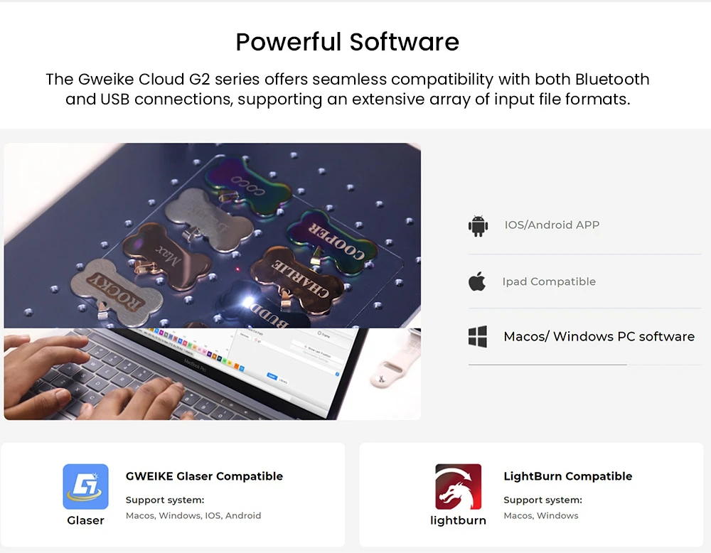 Gweike Cloud G2 Pro 20W Fiber Laser Marking Machine, 10000mm/s Speed, 0.001mm Accuracy, 110mm*110mm, 1.5mm Max. Depth on Metal, 30+ Colors Engraving, GWEIKE Glaser/ LightBurn, Supports Rotary Roller, Manual Lift