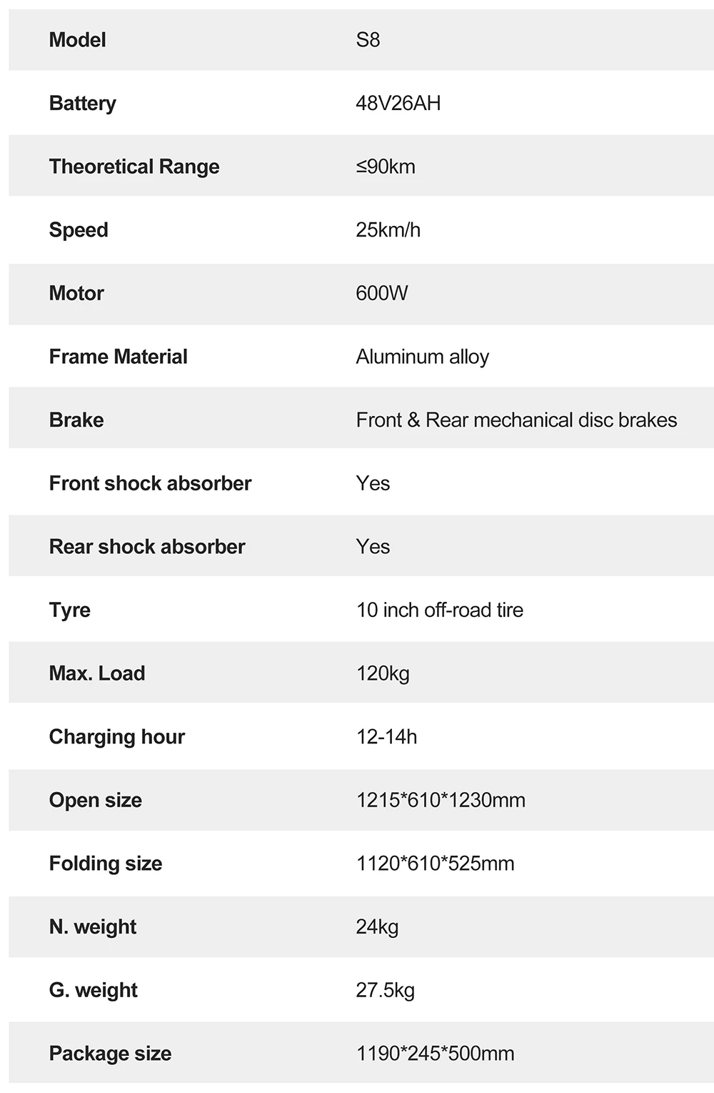 Joyor S8 Electric Scooter, 600W Motor, 48V 26AH Battery, 10 Inch Tires, 25km/h Max Speed, 90km Range, Dual Mechanical Disc Brake