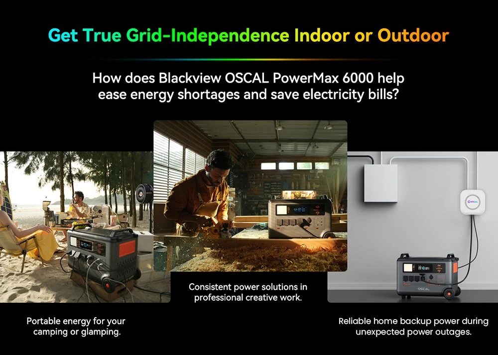 Oscal PowerMax6000 6000W Rugged Power Station, 3600Wh to 57600Wh LiFePO4 Battery, 14 Outlets, 120V/240V Dual Voltage Output, 3500+ Life Circle, Smart APP Control, 5 LED Light Modes, Morse Code Signal