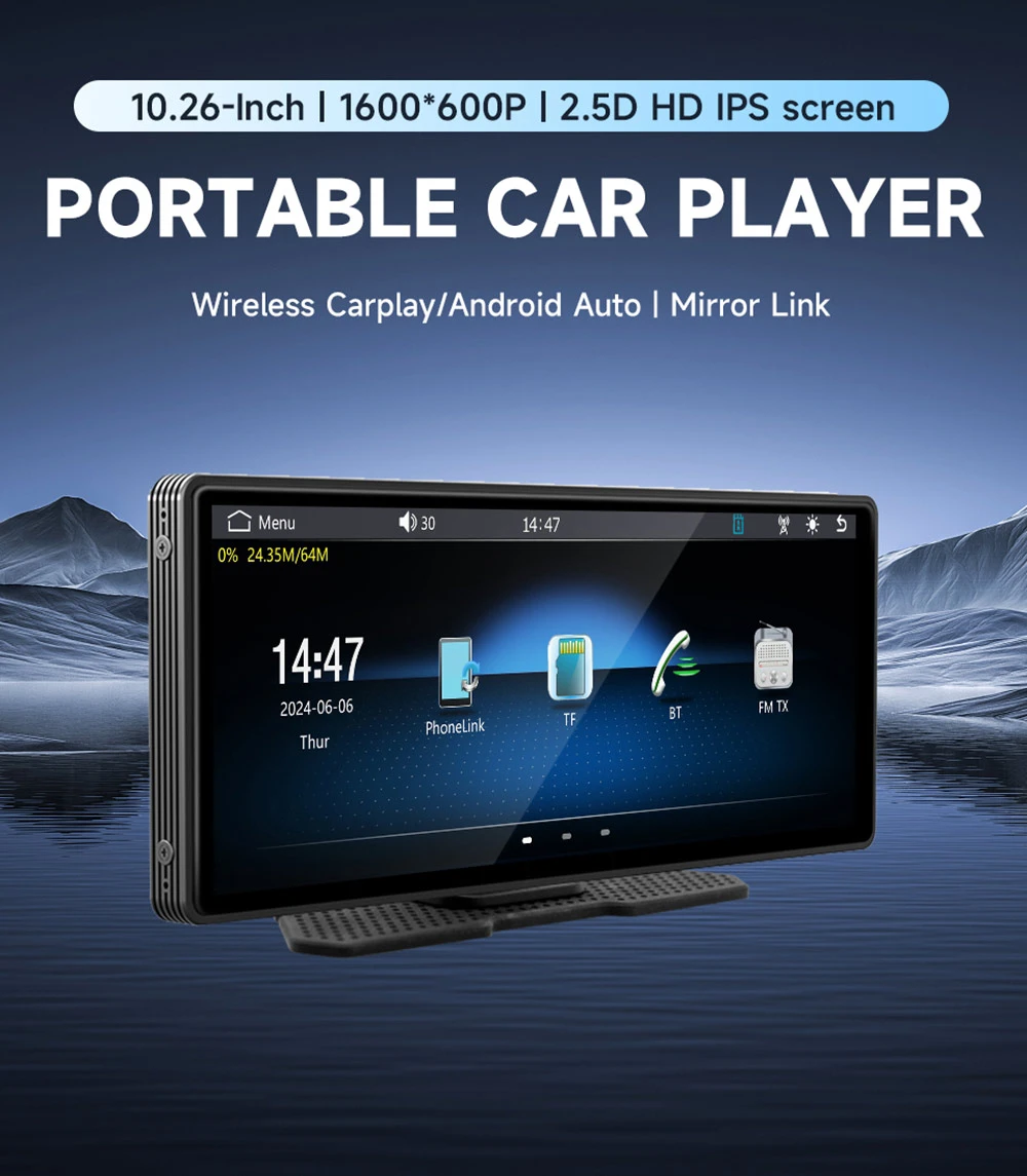 SD102601 10.26inch Wireless Carplay Screen, Android Auto, 1600*600P, Mirror Link, Bluetooth 5.0, Voice Assistant, FM & AUX Signal Transmission, Wireless CarPlay/ Android Auto, Support TF Card/USB