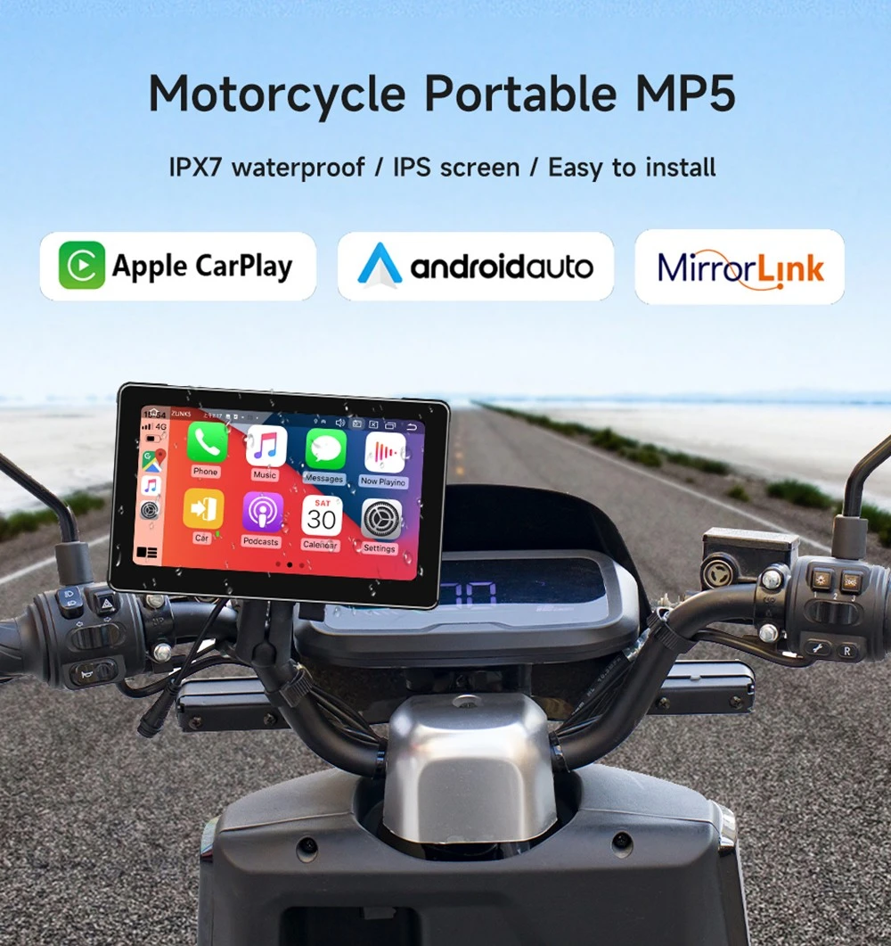 SD7306 7inch 2.5D IPS Motorcycle MP5 Player, Dual Bluetooth Connection, 1024*600 Resolution, IPX7 Waterproof, Support Carplay/ Mirrorlink/ Android Auto/ TF Card