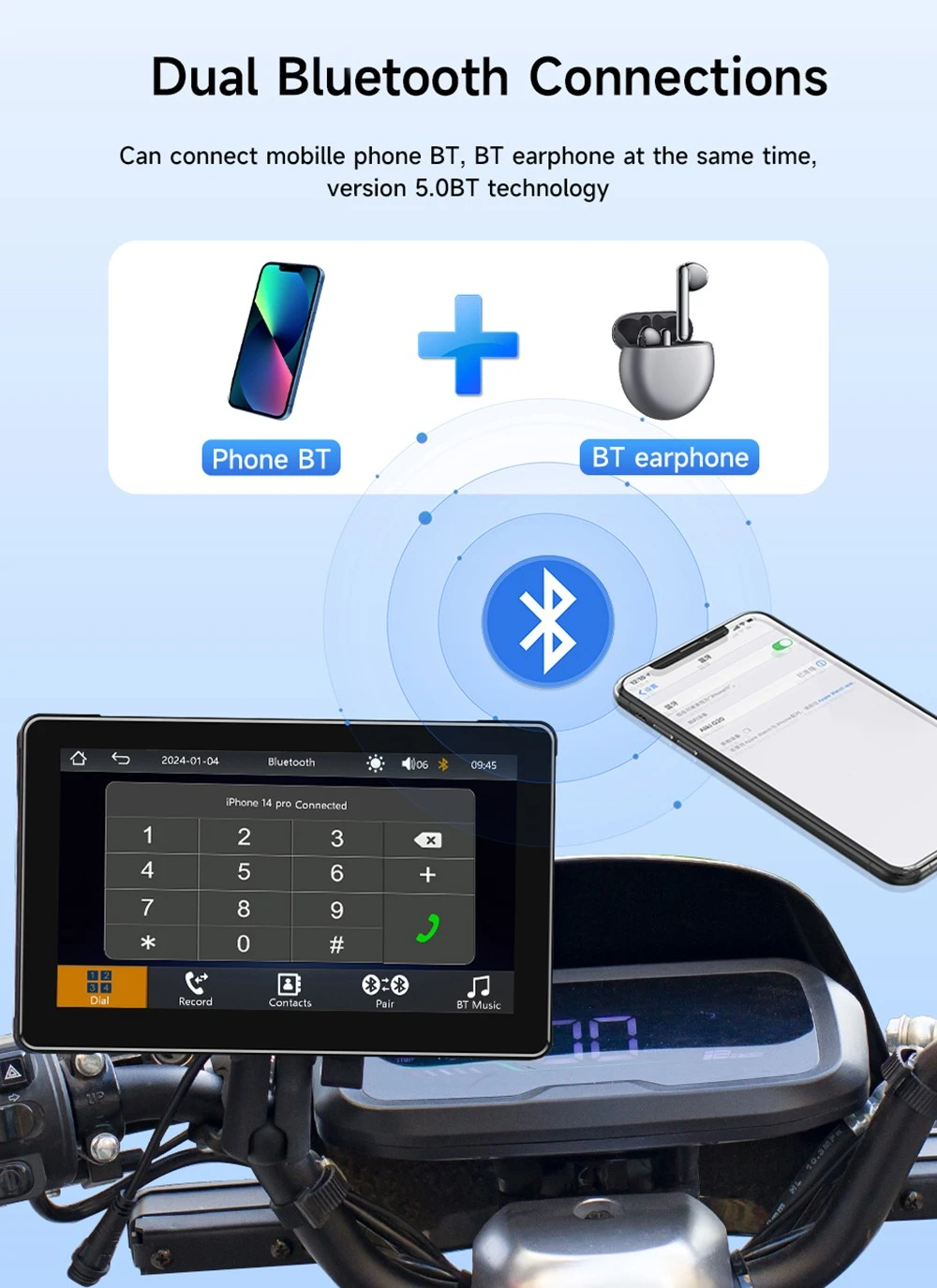 SD7306 7inch 2.5D IPS Motorcycle MP5 Player, Dual Bluetooth Connection, 1024*600 Resolution, IPX7 Waterproof, Support Carplay/ Mirrorlink/ Android Auto/ TF Card